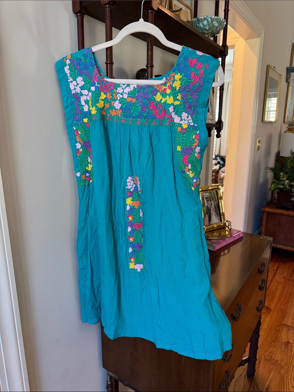 J Marie Embroidered Teal womens Dress with Colorful Floral Accents